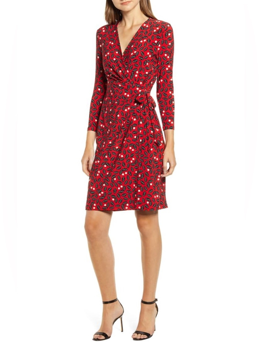 Anne Klein Red Botanical Leaf Berry Print Faux Wrap Dress Long Sleeve Medium